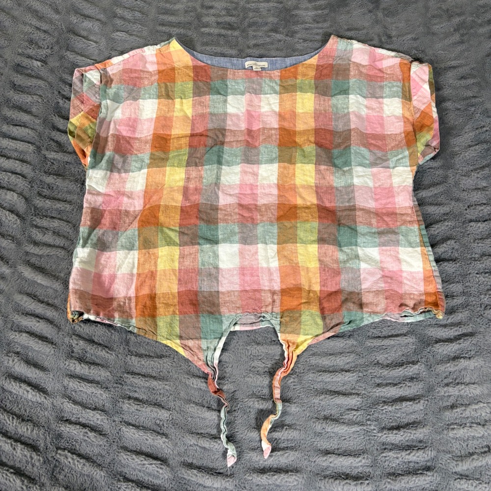 LL Bean Signature‎ XL Linen Tie Front Top Multicolor Gingham Plaid 503765 Womens